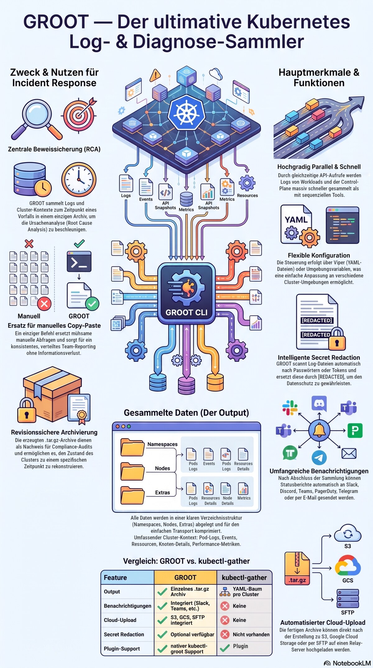 Kubernetes-Incident-Response-Workflow mit GROOT: validate, collect, inspect und ein Archiv teilen