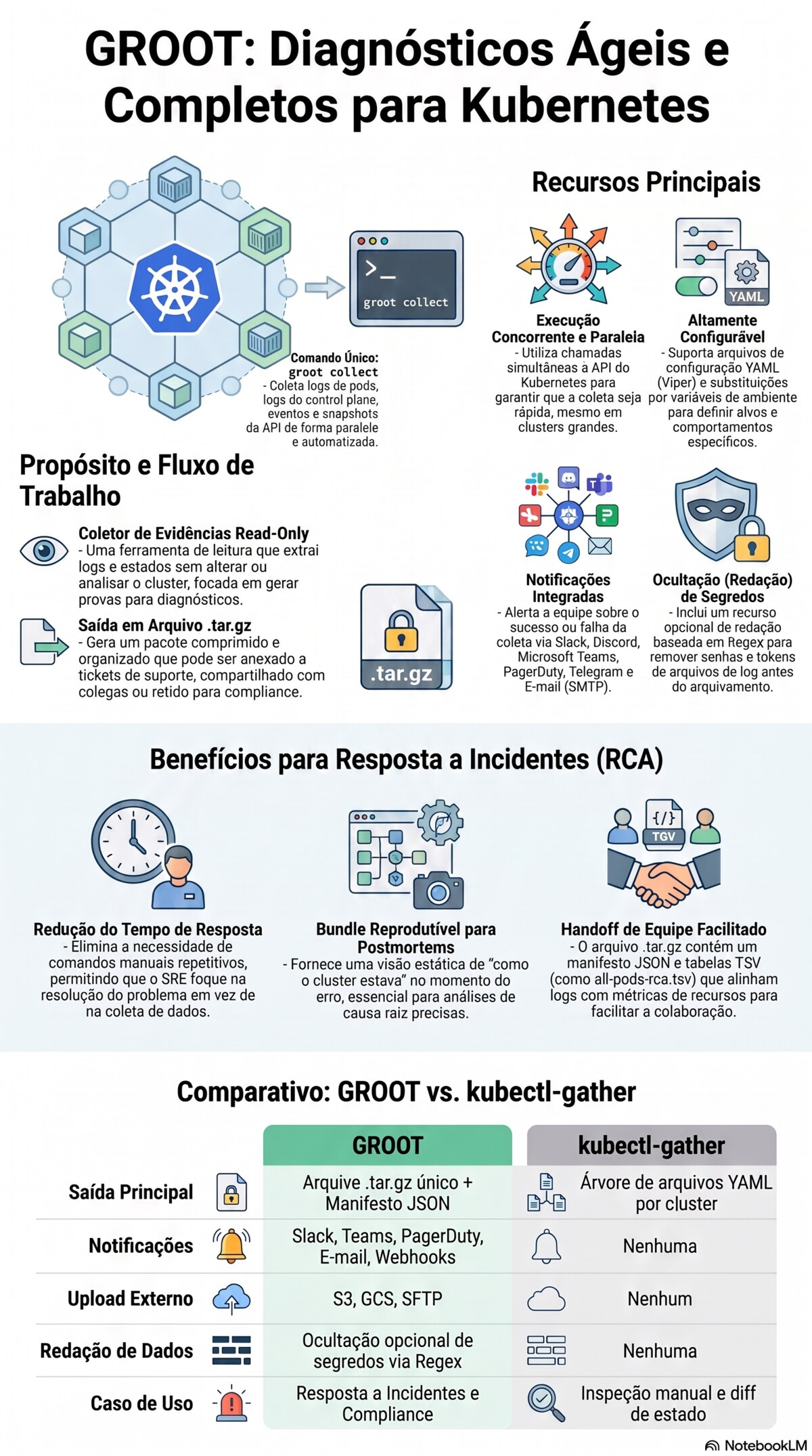 Fluxo de resposta a incidentes Kubernetes com GROOT: validate, collect, inspect e partilha de um arquivo